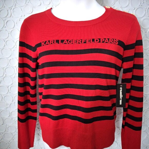 Karl Lagerfeld Sweaters - Karl Lagerfeld Paris Med (8-10) Red & Black Stripe Crewneck Sweater w/ Gold Pins